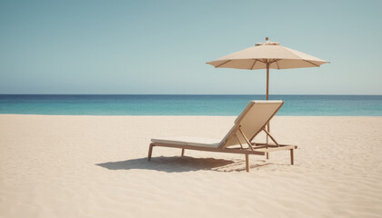 Fototapeta premium Wooden chaise lounge with white cushion on a sandy beach by turquoise waters