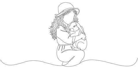 Minimalist Line Art of Girl Hugging a Rabbit - Elegant Animal Illustration