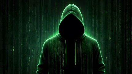 Mysterious Hacker in a Digital Matrix Background