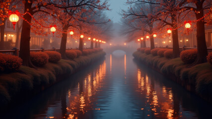 Misty Canal, Red Lanterns, Autumn - Atmospheric imagery