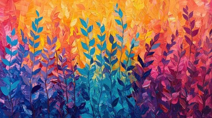 Vibrant Floral Abstract Painting Textured Leaves Warm Hues
