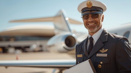 Pilot in uniform smiling near airplane, holding flight itinerary, clear blue sky, professional aviation concept, travel and aviation industry