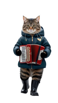 An anthropomorphic cat playing the harmonica. Isolated White Background