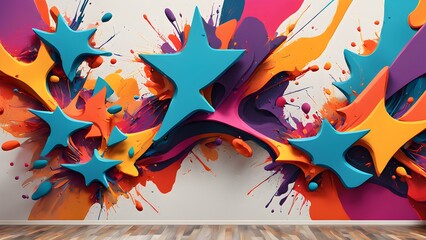 Abstract vibrant 3D wall mural featuring colorful star shapes and paint splatters, ideal for modern interior design.