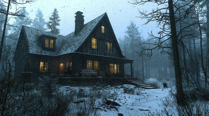 cozy wooden cabin with glowing windows sits amidst snow covered forest during serene snowstorm, evoking tranquil winter atmosphere