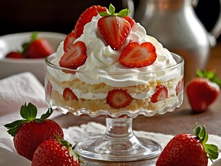 A delicious strawberry shortcake dessert in a glass, layered with fresh strawberries, whipped cream, and soft sponge cake. The vibrant colors and rich textures make it a perfect treat for any occasion
