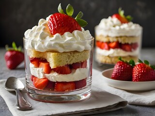 A delicious strawberry shortcake dessert in a glass, layered with fresh strawberries, whipped cream, and soft sponge cake. The vibrant colors and rich textures make it a perfect treat for any occasion