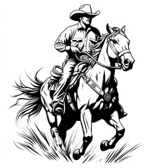 Black and white vector graphic of a cowboy riding a horse