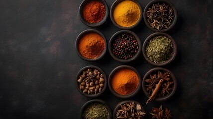 An elegant flat-lay composition of various spices arranged in dark ceramic bowls against a moody, textured background. The vibrant colors of turmeric, paprika, star anise, dried herbs, and peppercorns