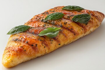 Golden brown baked bread with herbs and fresh basil leaves on a white background studio shot