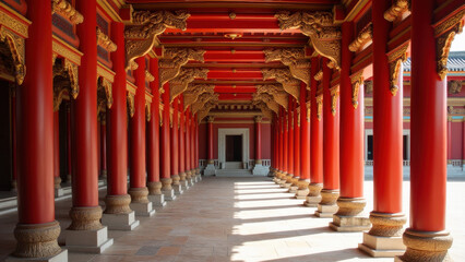 Red Columns Palace Corridor Asian Architecture - Architectural Deta.