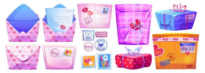 Cartoon mail set of love themed postal items - pink envelopes with hearts pattern, sealed letters, romantic stamps, wrapped gifts, carton parcel box with post stickers for Valentine message delivery.