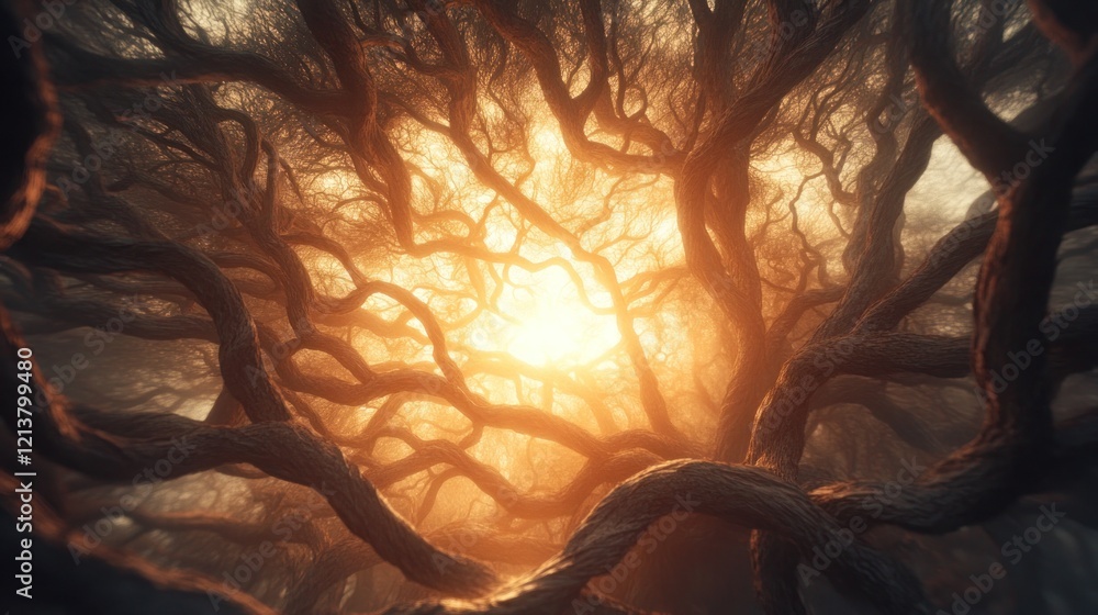 Poster sun shining through ancient twisted tree branches.