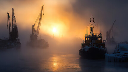 Fototapeta premium surreal image of frozen harbor with ships trapped in ice, illuminated by dramatic golden sunrise and surrounded by misty cranes