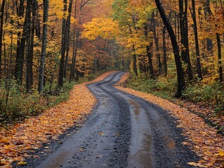 Obraz premium Autumn Road Through Golden Forest Scenic Fall Driveway