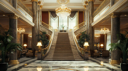 Obraz premium Luxurious hotel lobby with a grand staircase, marble floors, and a stunning chandelier