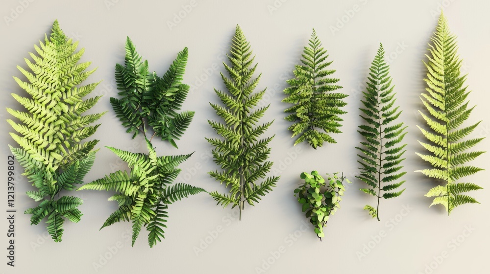 Poster a collection of green leaves are arranged in a row on a white background. generative ai