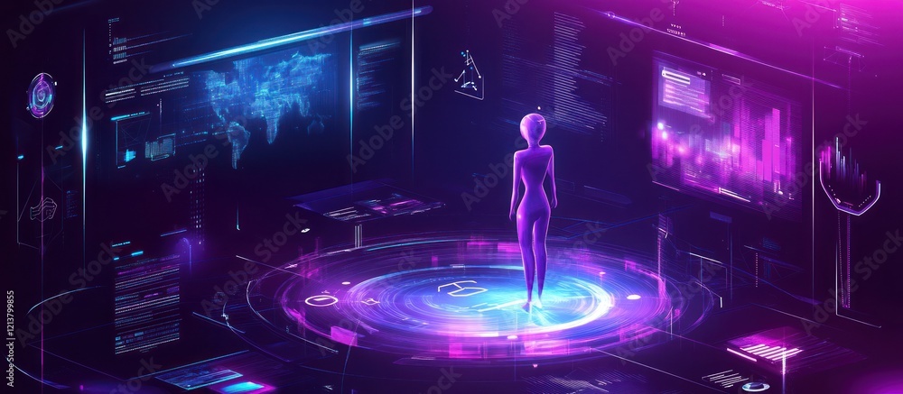 Aufkleber futuristic woman standing on a holographic platform surrounded by digital interfaces displaying glob