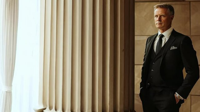 Confident businessman in a suit stands near column