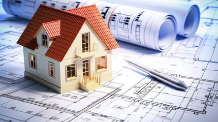 House model on blueprints, design, office, planning, construction