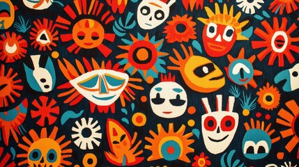 Vibrant Folk Art Textile Design Colorful Faces and Flowers