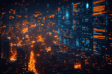 Fototapeta premium futuristic cityscape illuminated by glowing orange lights, featuring digital interface displaying data and maps. scene conveys sense of advanced technology and urban life