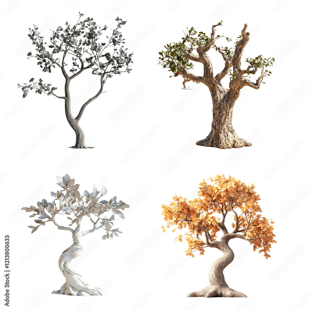 Poster a digital illustration showing four distinct trees representing the four seasons; each with unique t