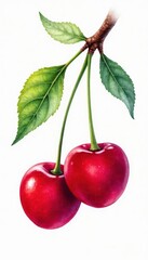 Luscious red cherry, watercolor style, isolated , ripe, sweet
