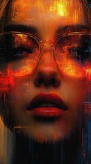 Woman with glasses, city lights reflected, digital art