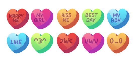 Heart shape love conversation candies set isolated on white. Vector cartoon illustration of Valentine Day color sweets with romantic messages and smileys, collection of confectionery treats for flirt
