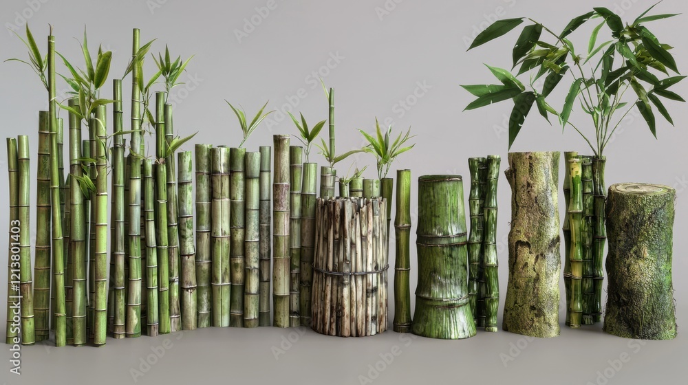Poster a row of bamboo plants are shown in various sizes and shapes. generative ai