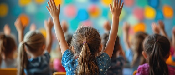 Eager Students Engaged in Learning, a lively classroom scene where children enthusiastically raise their hands to participate in a discussion