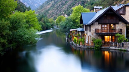 Obraz premium Riverfront Stone House at Dusk