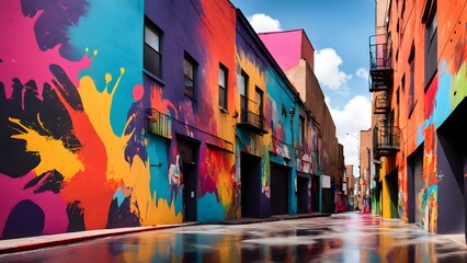 Fototapeta premium Vibrant street art splashes across a colorful urban alleyway, its reflection shimmering on a wet pavement under a bright blue sky.