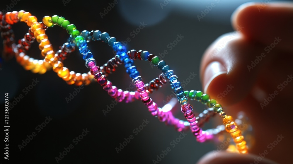 Poster laboratory assistant conducting experiment with colorful dna model