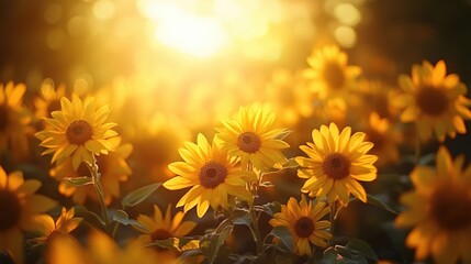 Fototapeta premium Golden sunflowers bloom in a field bathed in the warm glow of a bright sunset light