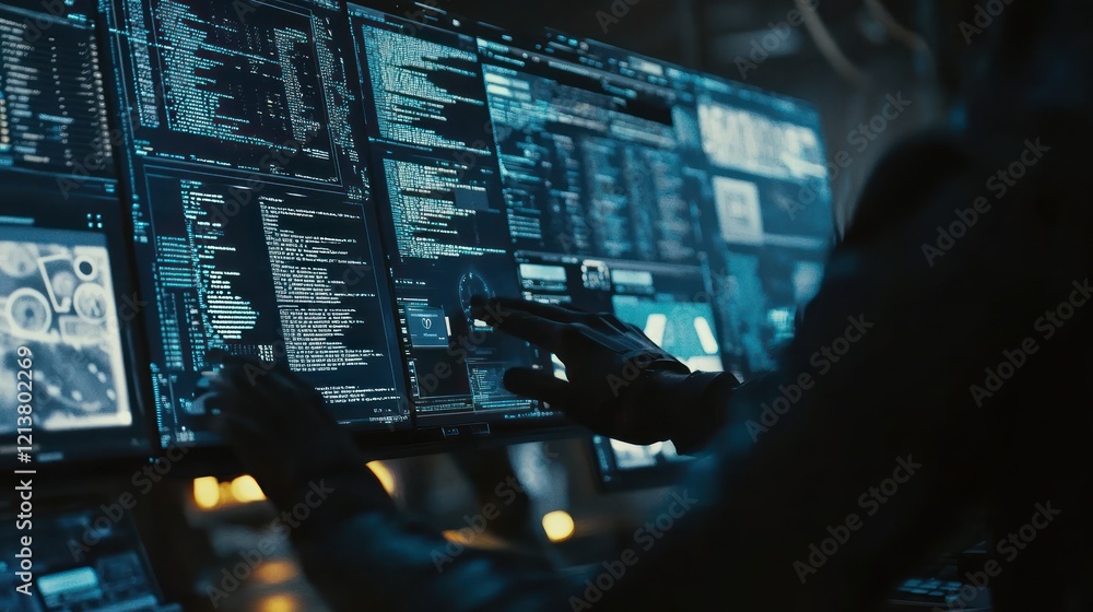 Poster hacker monitoring data streams in dark server room