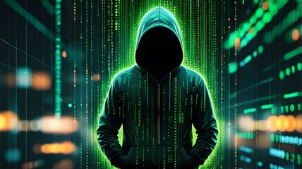 Mysterious Hacker in a Digital Matrix Background