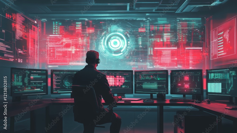 Poster An individual sits at a workstation before a wall of large screens displaying dynamic data streams in shades of red and teal.