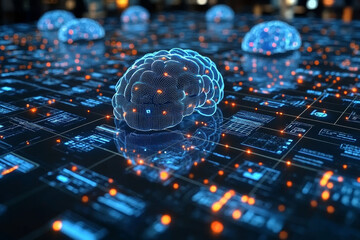 digital representation of brain surrounded by glowing data patterns, symbolizing artificial intelligence and technology. image conveys sense of innovation and advanced research