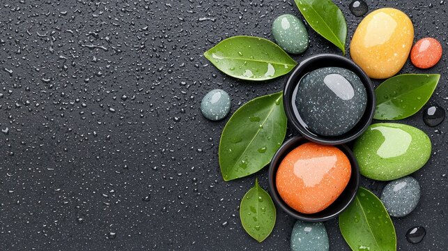Tranquil Spa Scene: Colorful Stones and Dew-Kissed Leaves on Dark Textured Surface - Powered by Adobe