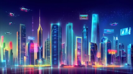Futuristic City Skyline with Towering Glass Structures at Night