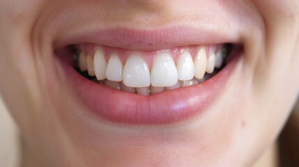 Close-up smiling woman's teeth, before whitening, indoor