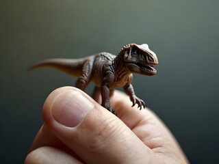 A miniature dinosaur perched on a fingertip, showcasing intricate details and a sense of wonder
