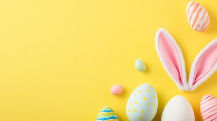 Yellow background with a bunch of Easter eggs and bunny ears