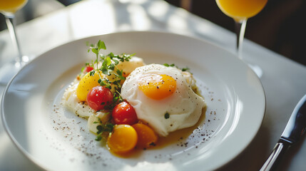 A single perfectly poached egg on a white plate