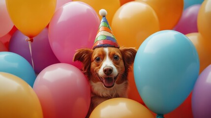 Obraz premium Happy dog wearing a party hat among colorful balloons. Perfect for birthday, celebration, or pet themes.