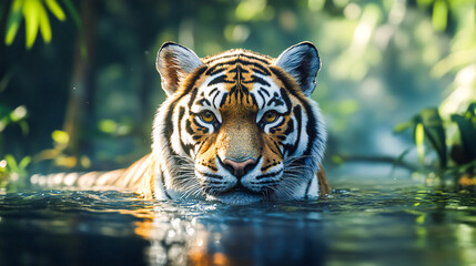 Majestic White Tiger Staring Intently While Swimming in a Dark Jungle River - Powerful Wildlife Close-Up of Endangered Bengal Tiger in its Natural Habitat
