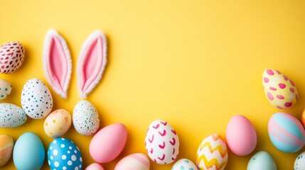 Yellow background with a bunch of colorful Easter eggs
