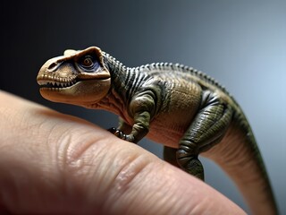 A miniature dinosaur perched on a fingertip, showcasing intricate details and a sense of wonder